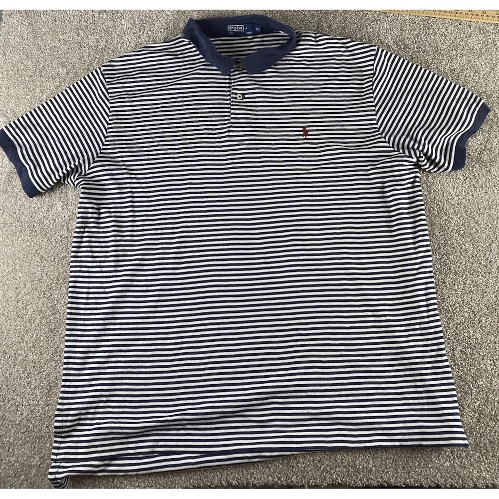Polo Ralph Lauren Blue/White Striped Polo Mens XL Relaxed Cotton Polo Red Pony
